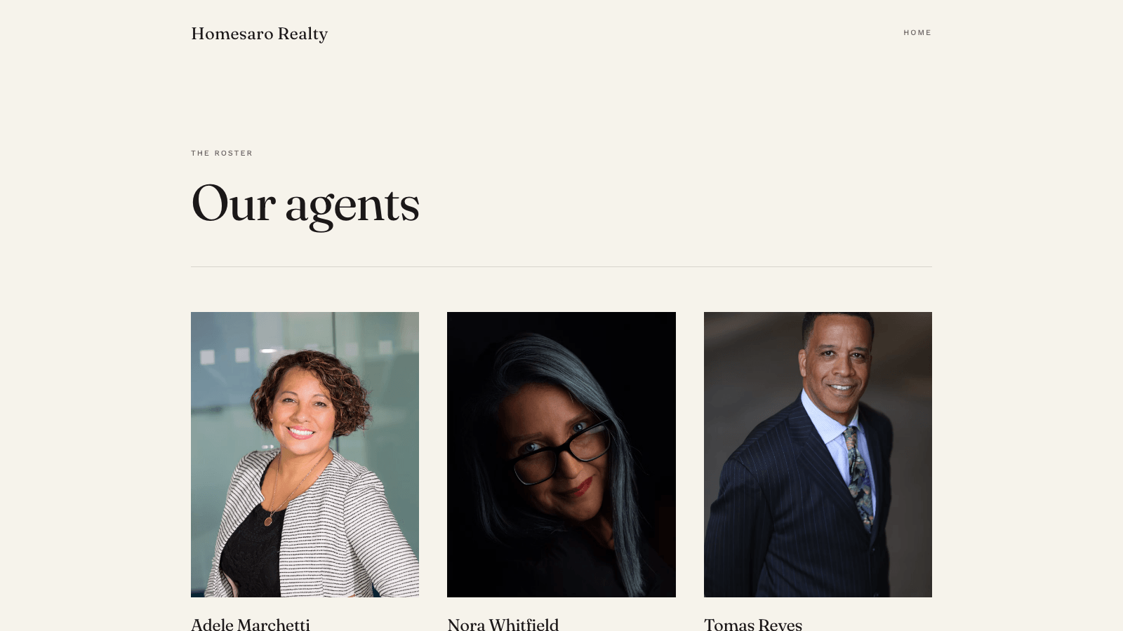 The real agent roster on a live Homesaro brokerage site