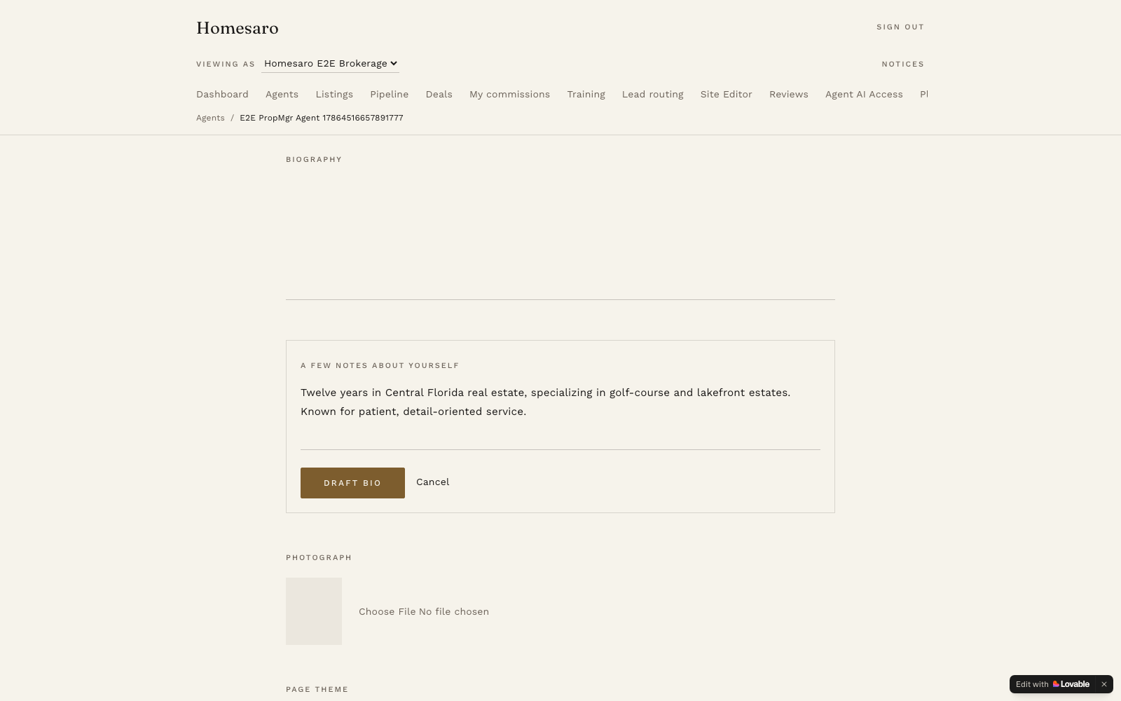 Homesaro's AI bio-drafting tool, mid-use on a real agent profile