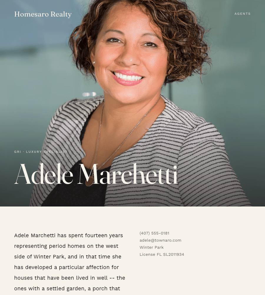 A real Homesaro agent page using the Editorial theme